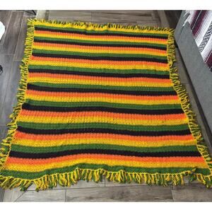 VTG Retro Crocheted Afghan Blanket 80"x67" Cottage Core Granny Orange Yellow